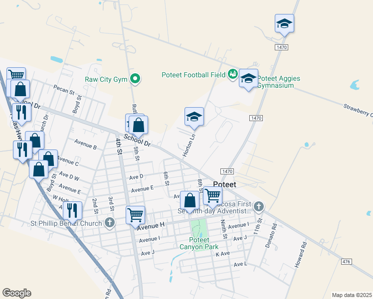 map of restaurants, bars, coffee shops, grocery stores, and more near 949 Horton Lane in Poteet