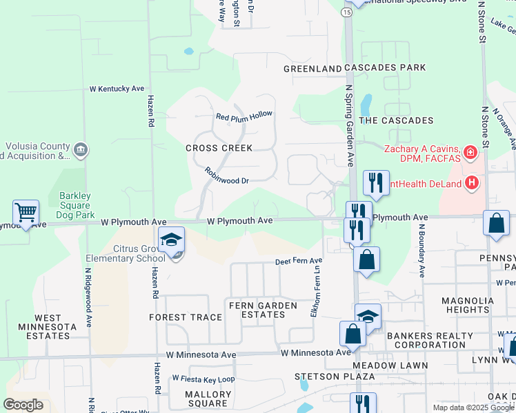 map of restaurants, bars, coffee shops, grocery stores, and more near 1423 West Plymouth Avenue in DeLand