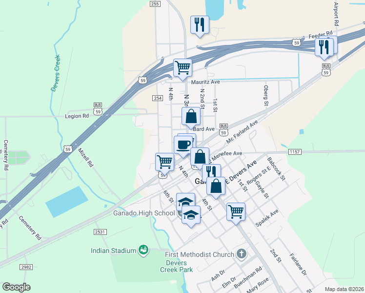 map of restaurants, bars, coffee shops, grocery stores, and more near 209 Farm to Market Road 710 in Ganado