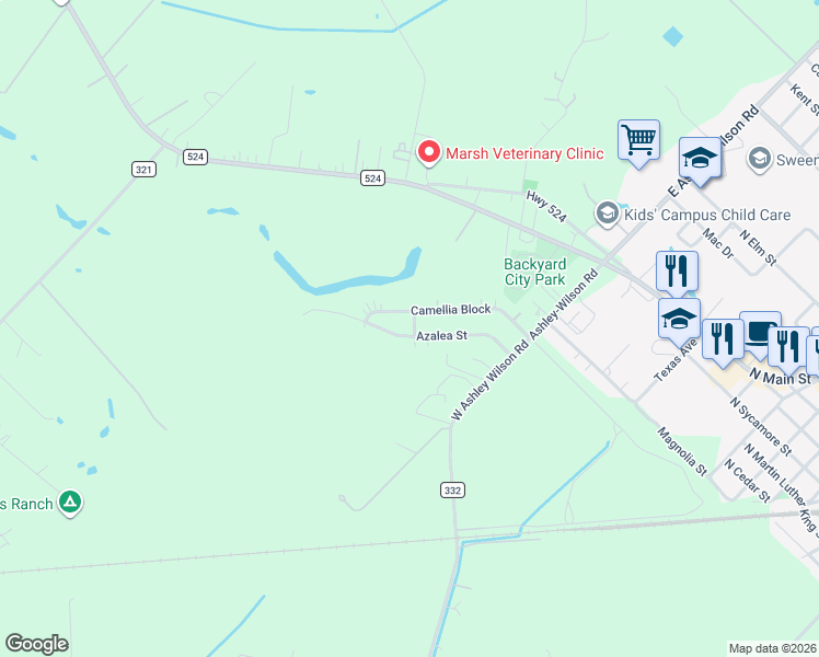 map of restaurants, bars, coffee shops, grocery stores, and more near 1500 Azalea Street in Sweeny