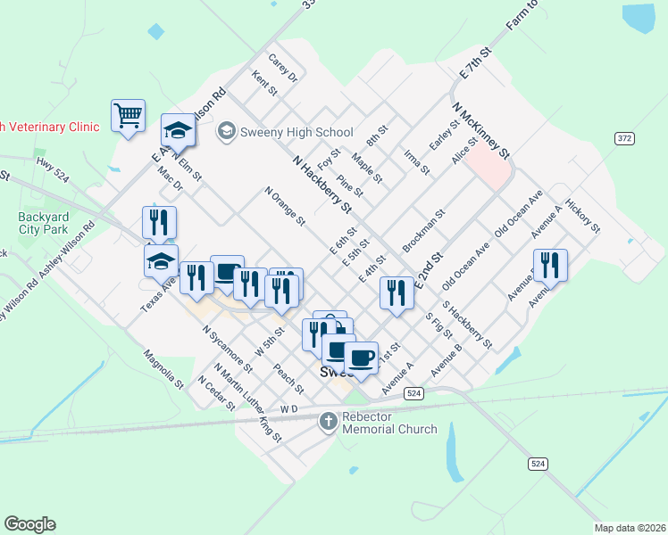 map of restaurants, bars, coffee shops, grocery stores, and more near 409 North Orange Street in Sweeny