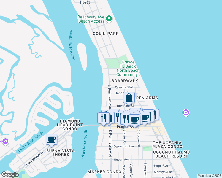 map of restaurants, bars, coffee shops, grocery stores, and more near 705 North Peninsula Avenue in New Smyrna Beach