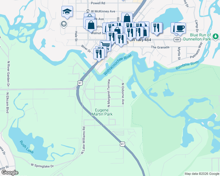 map of restaurants, bars, coffee shops, grocery stores, and more near 1635 West J Williams Lane in Dunnellon
