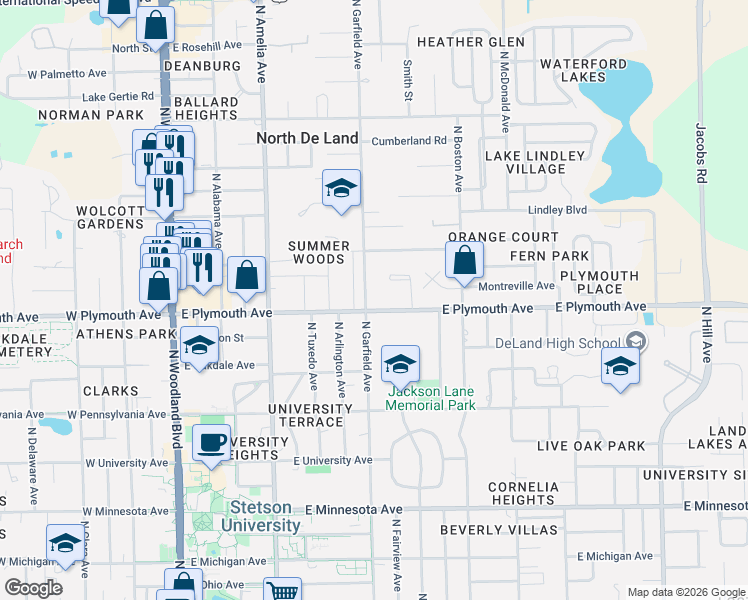 map of restaurants, bars, coffee shops, grocery stores, and more near 505 East Plymouth Avenue in DeLand