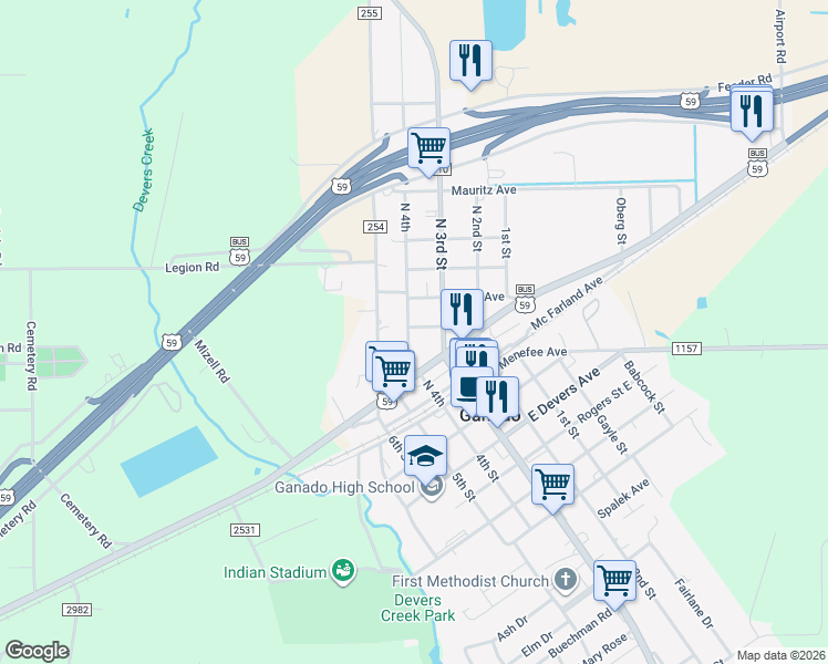 map of restaurants, bars, coffee shops, grocery stores, and more near 209 Farm to Market Road 710 in Ganado