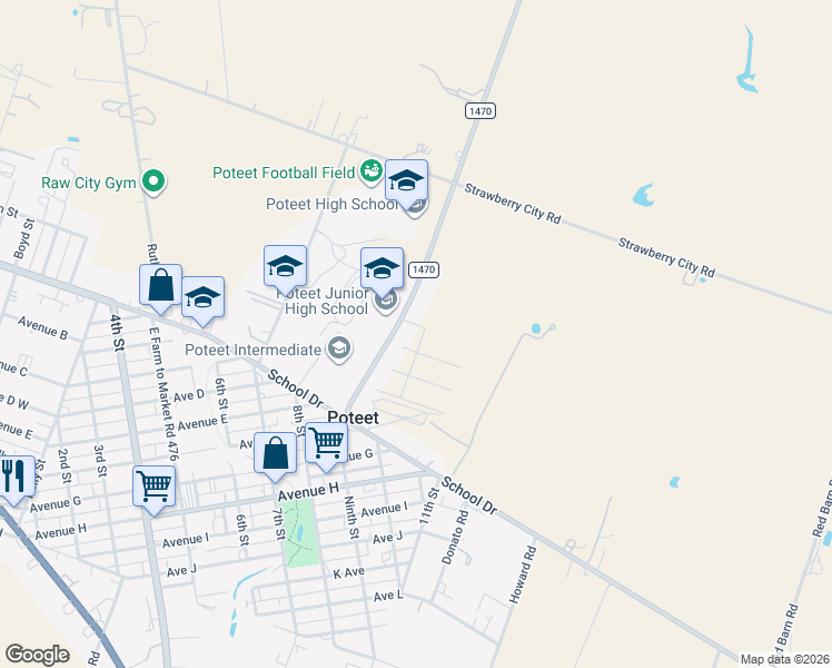 map of restaurants, bars, coffee shops, grocery stores, and more near 117 Growers Avenue in Poteet