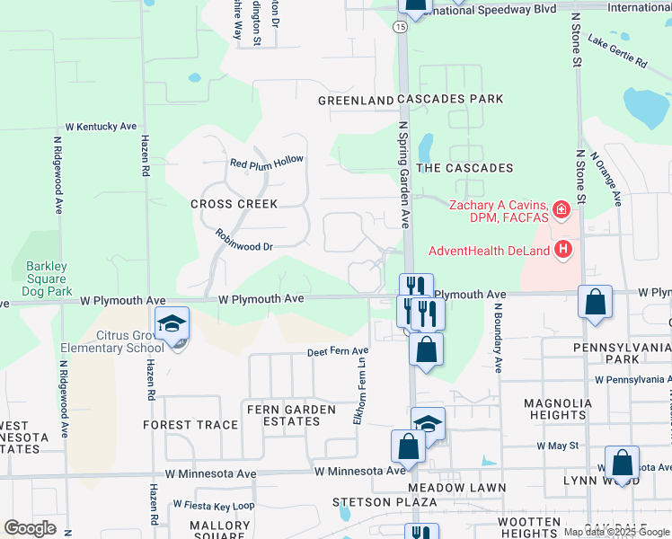 map of restaurants, bars, coffee shops, grocery stores, and more near 1319 West Plymouth Avenue in DeLand
