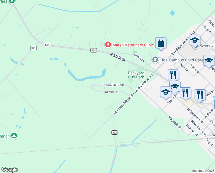 map of restaurants, bars, coffee shops, grocery stores, and more near 1500 Azalea Street in Sweeny