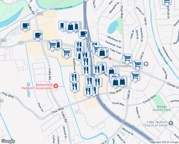 map of restaurants, bars, coffee shops, grocery stores, and more near 300 Texas 332 in Lake Jackson