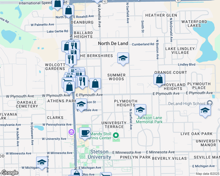 map of restaurants, bars, coffee shops, grocery stores, and more near 922 North Clark Avenue in DeLand