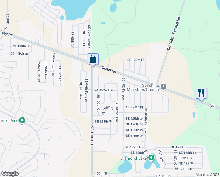map of restaurants, bars, coffee shops, grocery stores, and more near 12195 Southeast 101st Court in Belleview