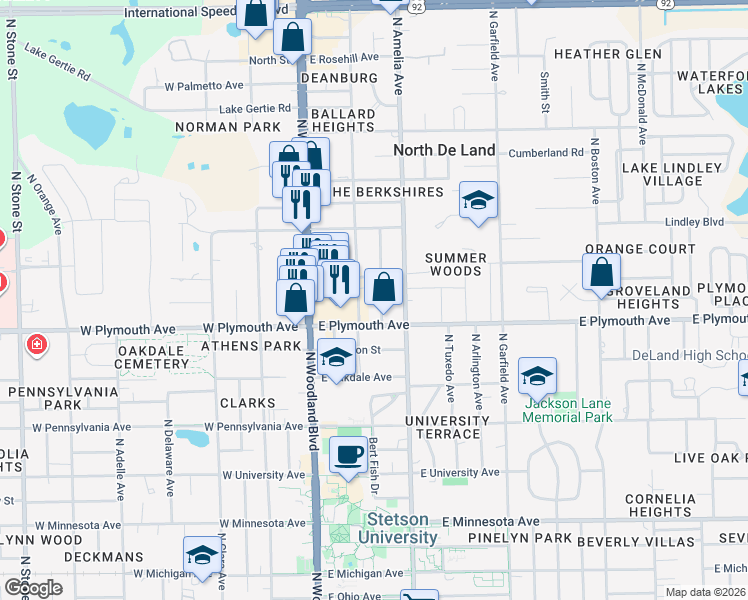 map of restaurants, bars, coffee shops, grocery stores, and more near 947 North Alabama Avenue in DeLand