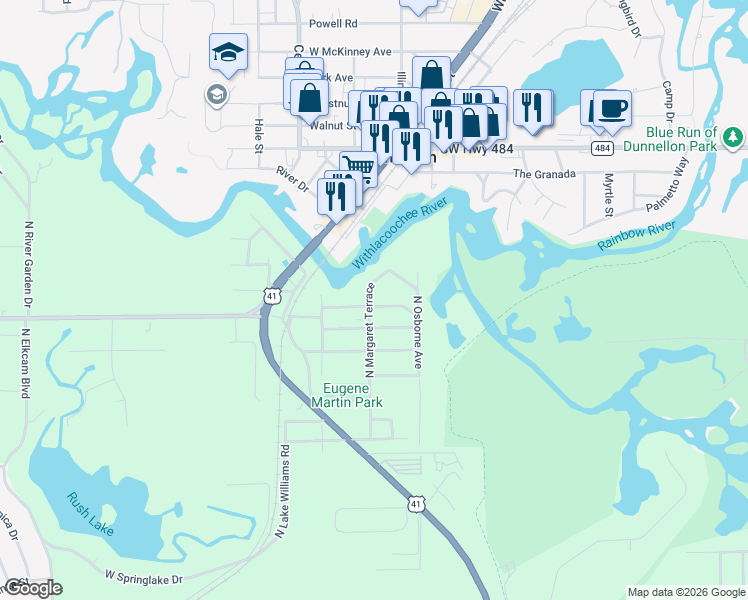 map of restaurants, bars, coffee shops, grocery stores, and more near 1621 West Du Page Trail in Dunnellon