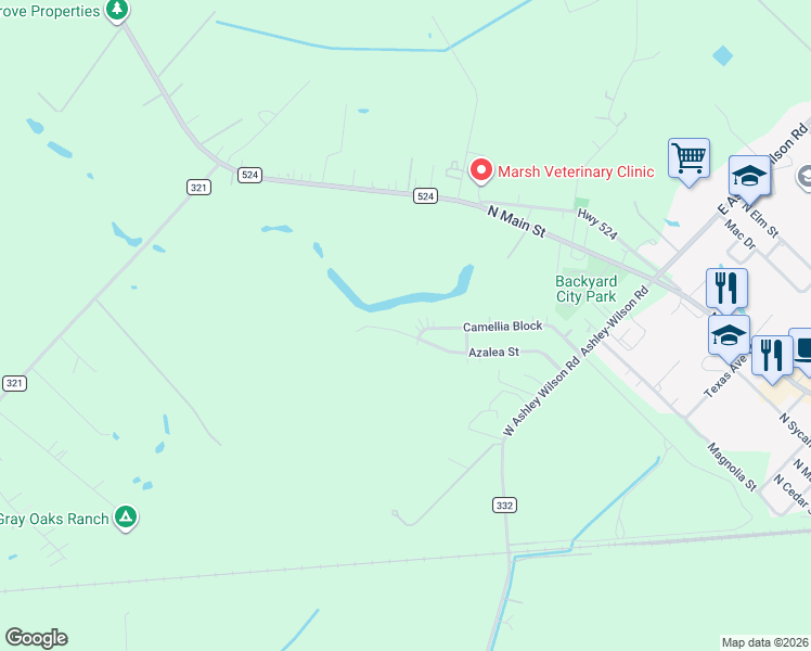 map of restaurants, bars, coffee shops, grocery stores, and more near 1524 Camellia Block in Sweeny