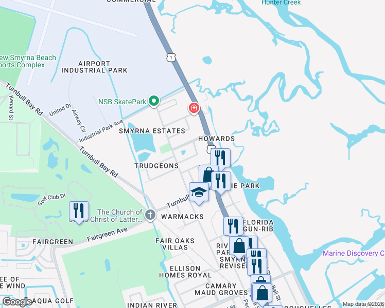 map of restaurants, bars, coffee shops, grocery stores, and more near 101 Hester Avenue in New Smyrna Beach