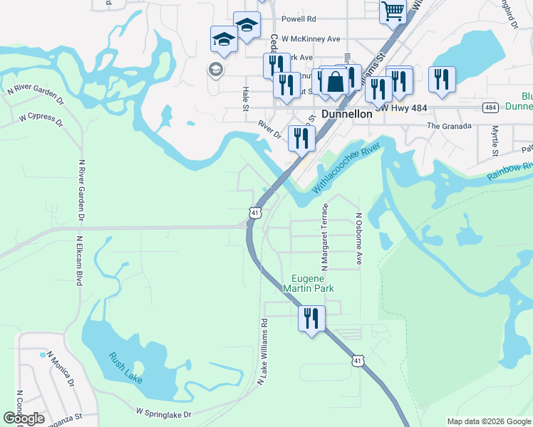 map of restaurants, bars, coffee shops, grocery stores, and more near G W Carver Road in Dunnellon