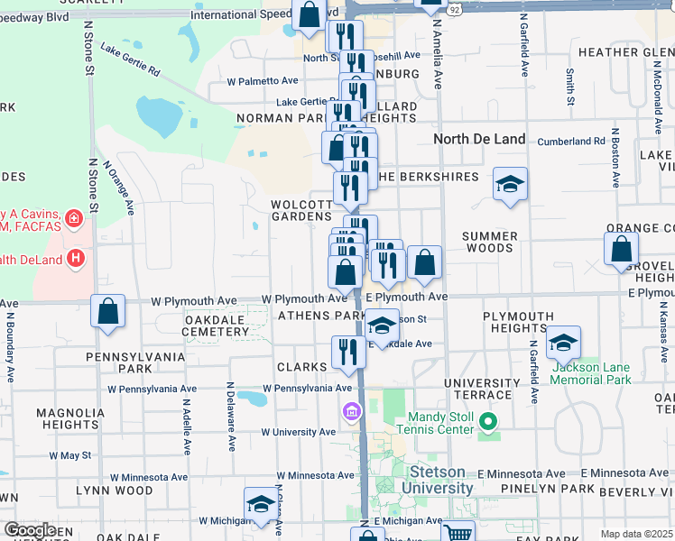 map of restaurants, bars, coffee shops, grocery stores, and more near 990 North Woodland Boulevard in DeLand