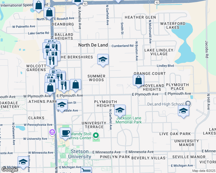 map of restaurants, bars, coffee shops, grocery stores, and more near 904 North Garfield Avenue in DeLand