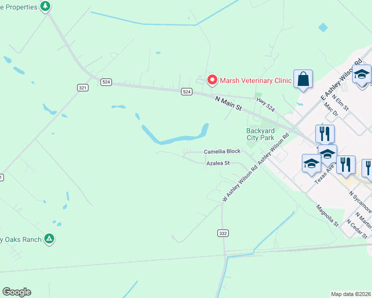map of restaurants, bars, coffee shops, grocery stores, and more near 1524 Camellia Block in Sweeny