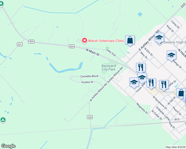 map of restaurants, bars, coffee shops, grocery stores, and more near 1428 Camellia Block in Sweeny