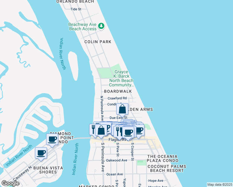 map of restaurants, bars, coffee shops, grocery stores, and more near in New Smyrna Beach