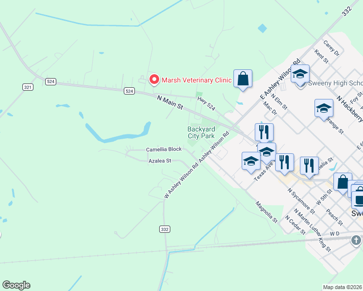 map of restaurants, bars, coffee shops, grocery stores, and more near 1428 Camellia Block in Sweeny
