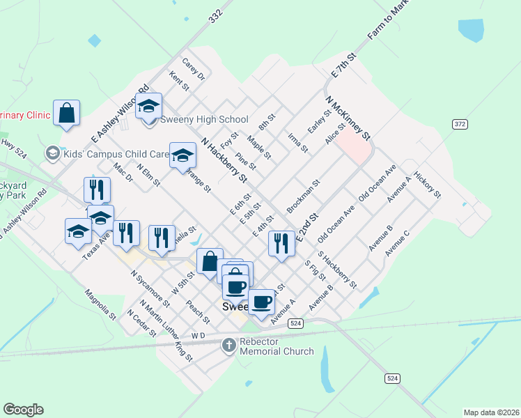 map of restaurants, bars, coffee shops, grocery stores, and more near 407 North Hackberry Street in Sweeny