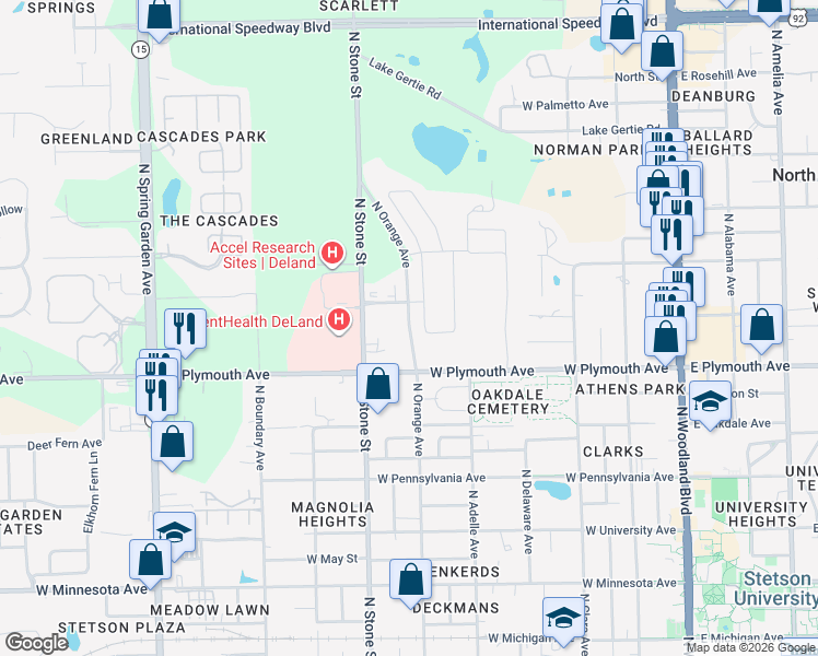 map of restaurants, bars, coffee shops, grocery stores, and more near 1025 North Orange Avenue in DeLand