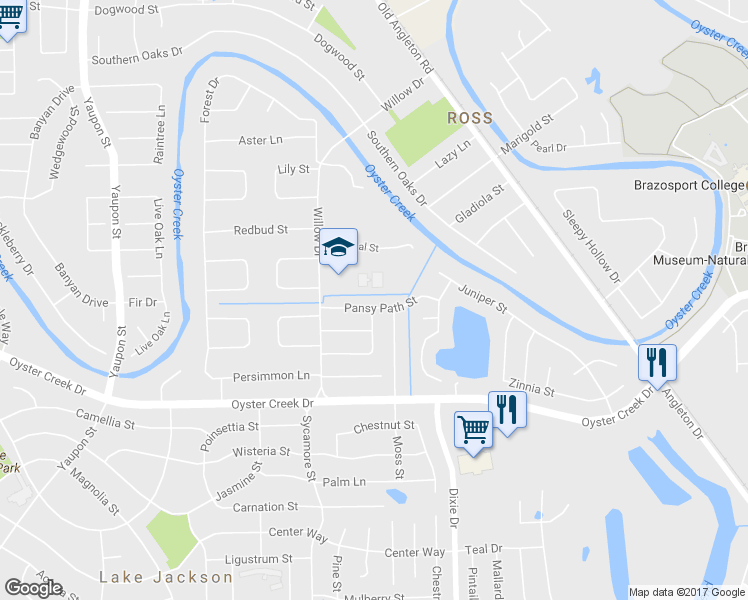 map of restaurants, bars, coffee shops, grocery stores, and more near 115 Pansy Path Street in Lake Jackson