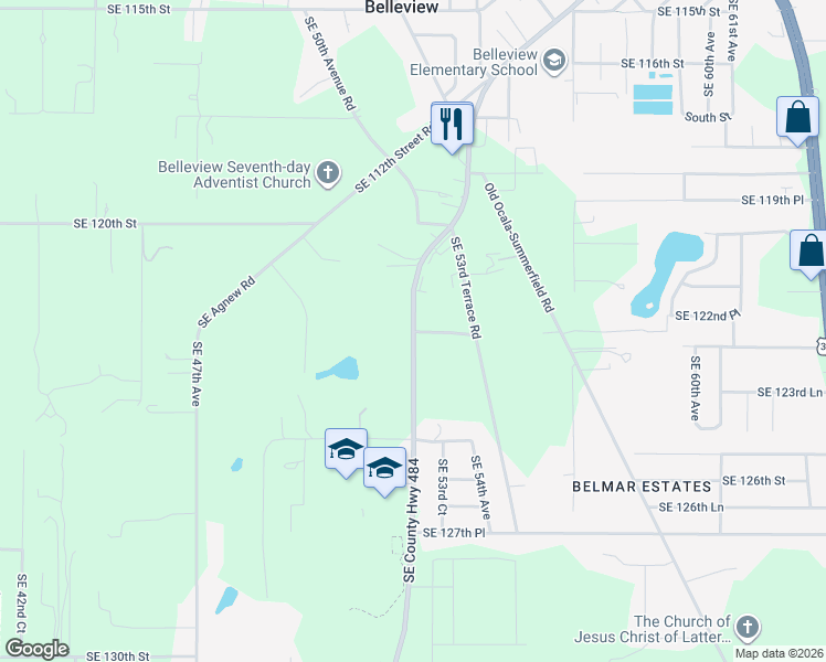 map of restaurants, bars, coffee shops, grocery stores, and more near 12292 County Highway 484 in Belleview