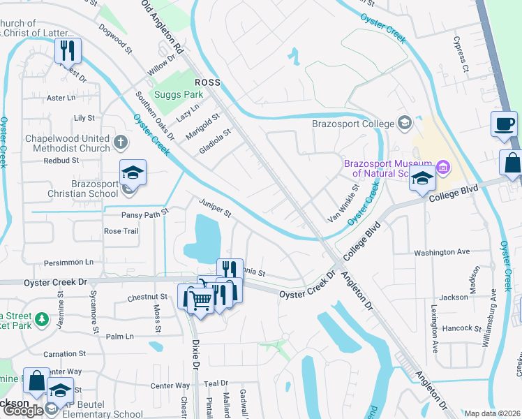 map of restaurants, bars, coffee shops, grocery stores, and more near 113 Old Angleton Road in Lake Jackson