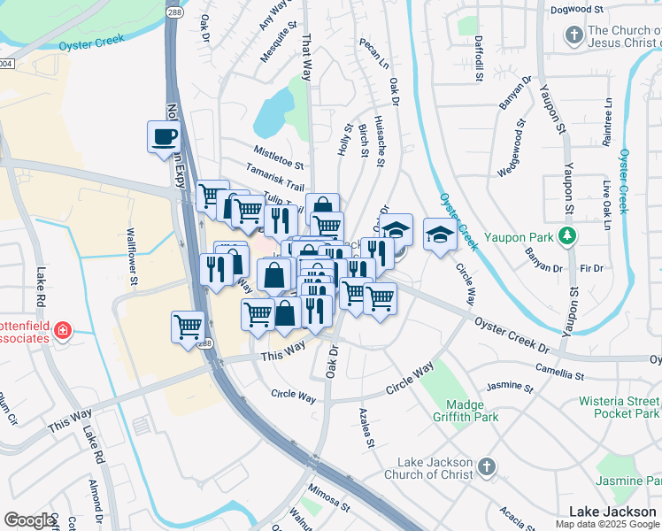 map of restaurants, bars, coffee shops, grocery stores, and more near 111 Oyster Creek Drive in Lake Jackson