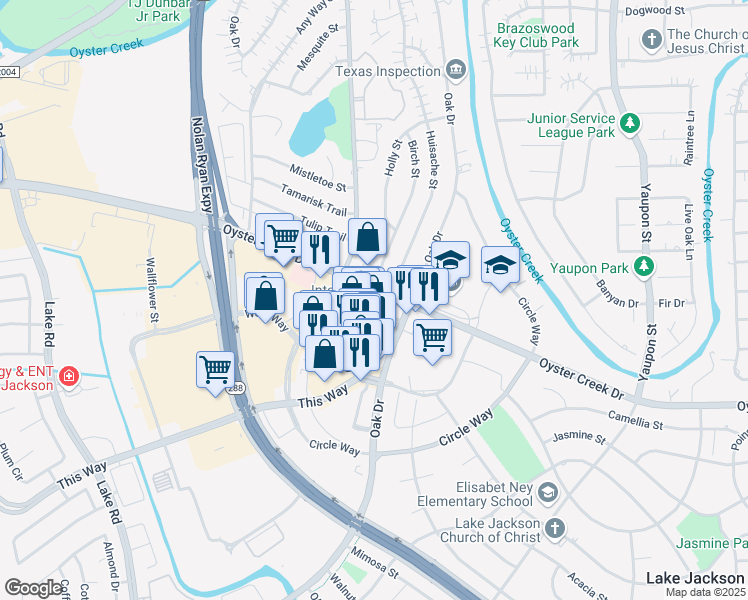 map of restaurants, bars, coffee shops, grocery stores, and more near 111 Oyster Creek Drive in Lake Jackson