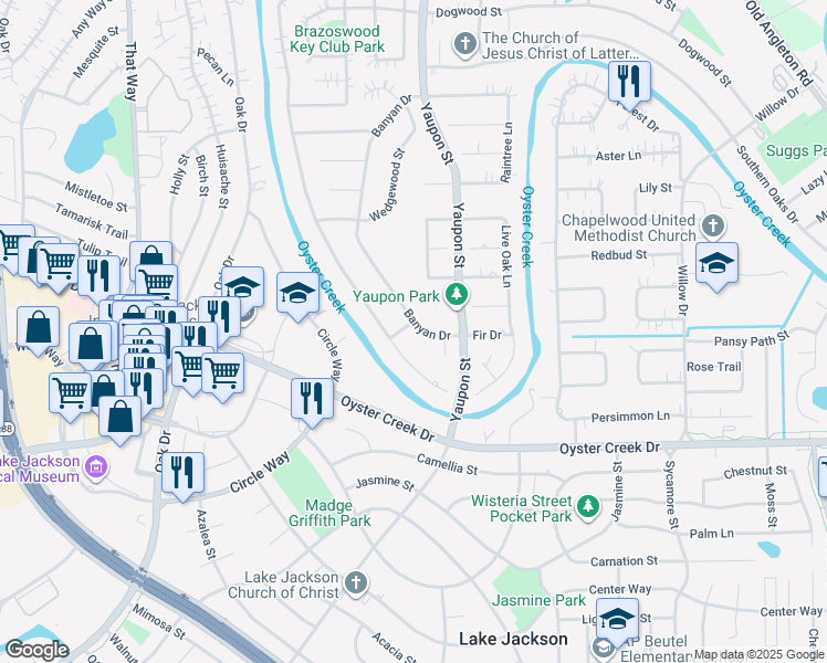 map of restaurants, bars, coffee shops, grocery stores, and more near 202 Allwood Street in Lake Jackson