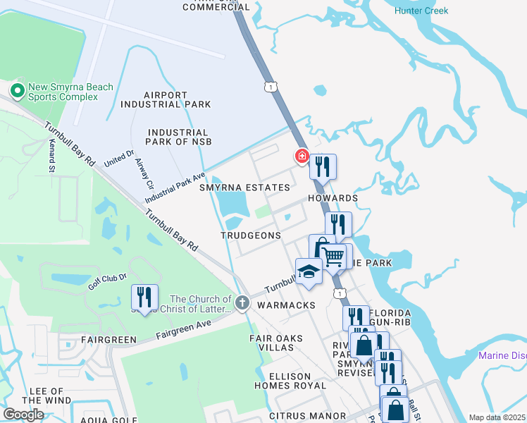 map of restaurants, bars, coffee shops, grocery stores, and more near 1220 Turnbull Street in New Smyrna Beach