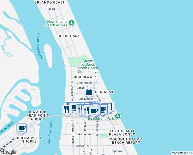 map of restaurants, bars, coffee shops, grocery stores, and more near 900 North Atlantic Avenue in New Smyrna Beach