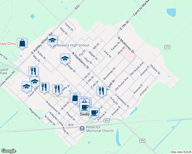 map of restaurants, bars, coffee shops, grocery stores, and more near 407 North Hackberry Street in Sweeny
