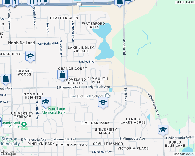 map of restaurants, bars, coffee shops, grocery stores, and more near 919 New Bedford Drive in DeLand