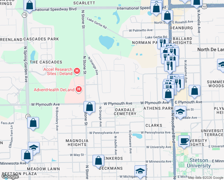 map of restaurants, bars, coffee shops, grocery stores, and more near Adelle Ave in DeLand
