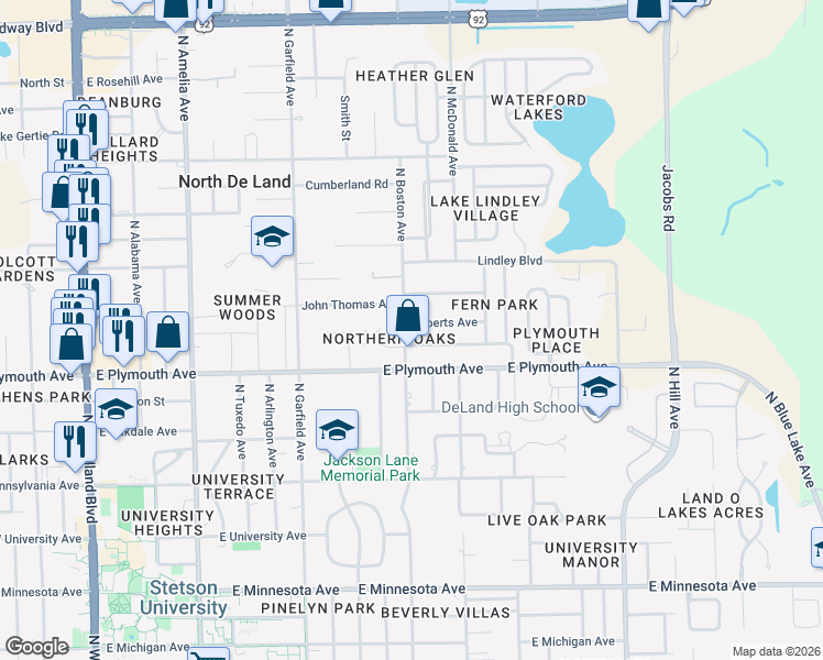map of restaurants, bars, coffee shops, grocery stores, and more near 706 Roberts Avenue in DeLand