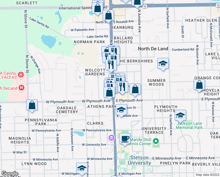 map of restaurants, bars, coffee shops, grocery stores, and more near 990 North Woodland Boulevard in DeLand