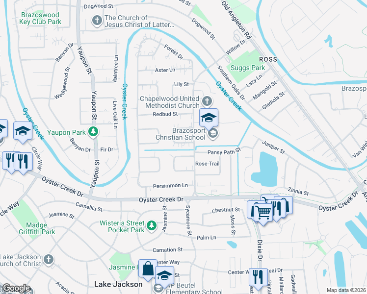 map of restaurants, bars, coffee shops, grocery stores, and more near 104 Hyacinth Street in Lake Jackson