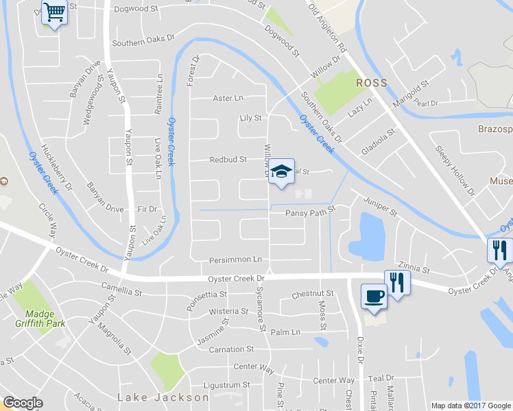 map of restaurants, bars, coffee shops, grocery stores, and more near 104 Hyacinth Street in Lake Jackson