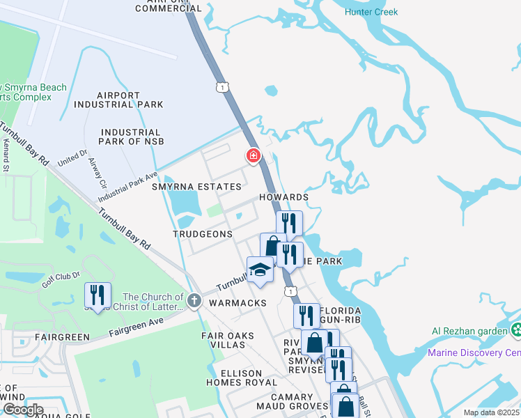 map of restaurants, bars, coffee shops, grocery stores, and more near 101 Hester Avenue in New Smyrna Beach