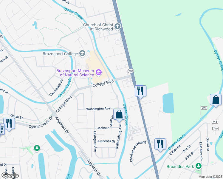 map of restaurants, bars, coffee shops, grocery stores, and more near 105 Williamsburg Avenue in Clute