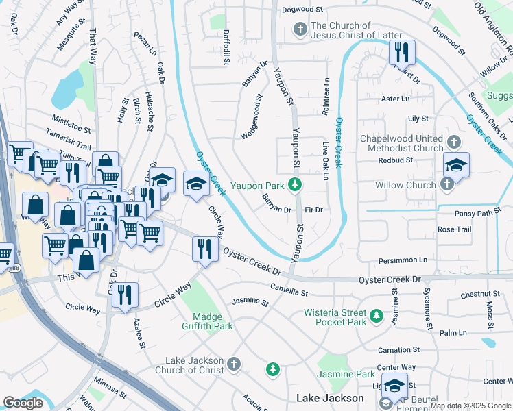 map of restaurants, bars, coffee shops, grocery stores, and more near 202 Allwood Street in Lake Jackson