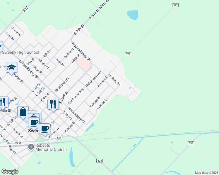 map of restaurants, bars, coffee shops, grocery stores, and more near 302 Yaupon Street in Sweeny