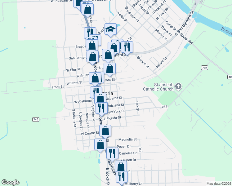 map of restaurants, bars, coffee shops, grocery stores, and more near 201 South Market Street in Brazoria