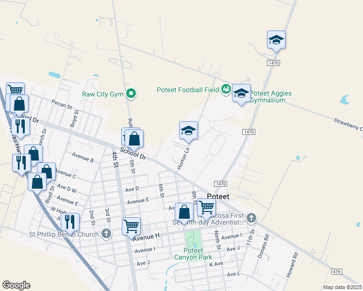 map of restaurants, bars, coffee shops, grocery stores, and more near 949 Horton Lane in Poteet