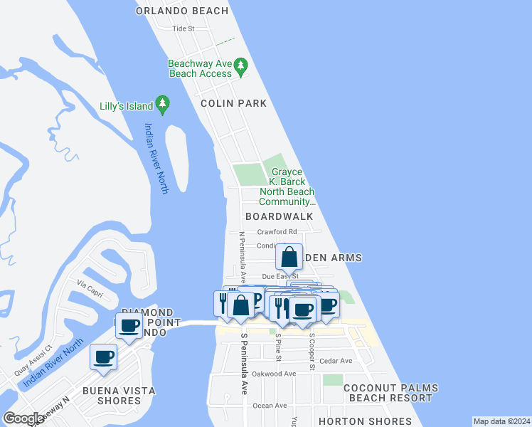 map of restaurants, bars, coffee shops, grocery stores, and more near in New Smyrna Beach